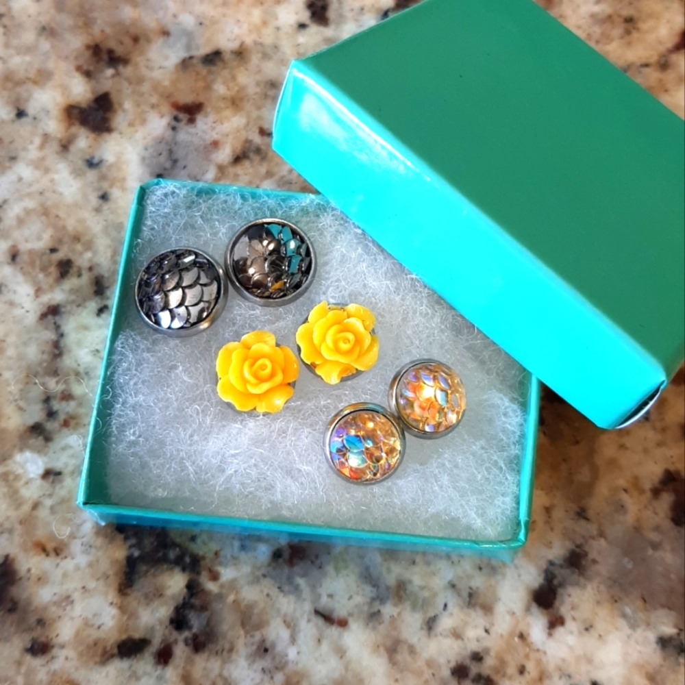 2 For $20.00- Yellow Rose and Mermaid Stud Earring Set